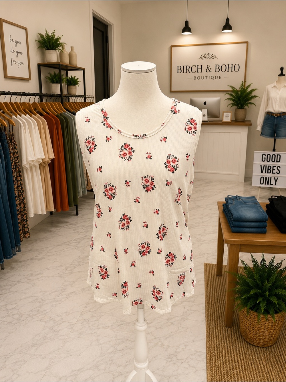 White Birch White Floral Ribbed Tank Top Plus Size 2X/3X Stretch Boutique NWOT